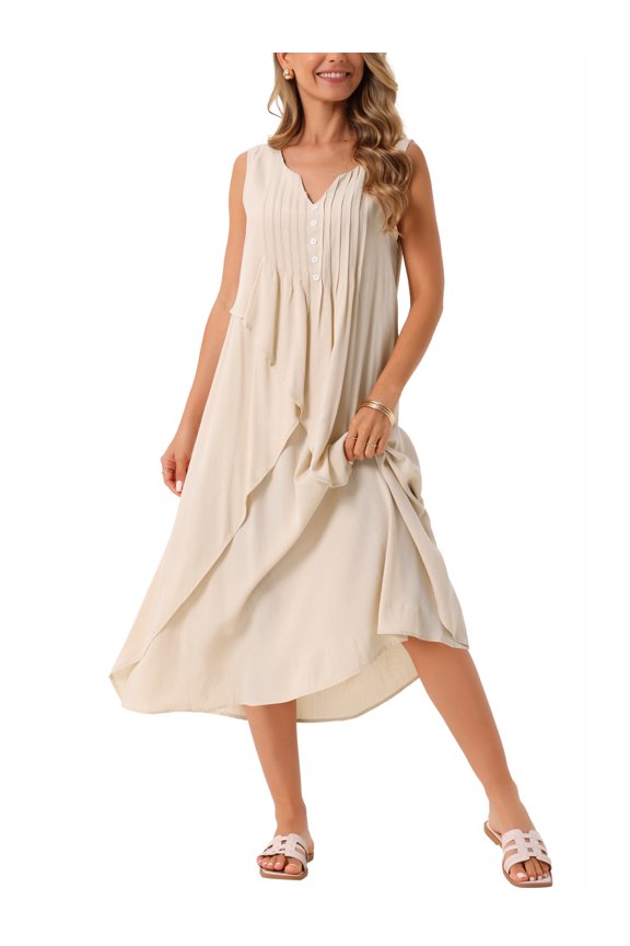 Women's Summer Dresses Sleeveless V Neck Button Decor Flowy Maxi Tank Beach Dress XL Apricot