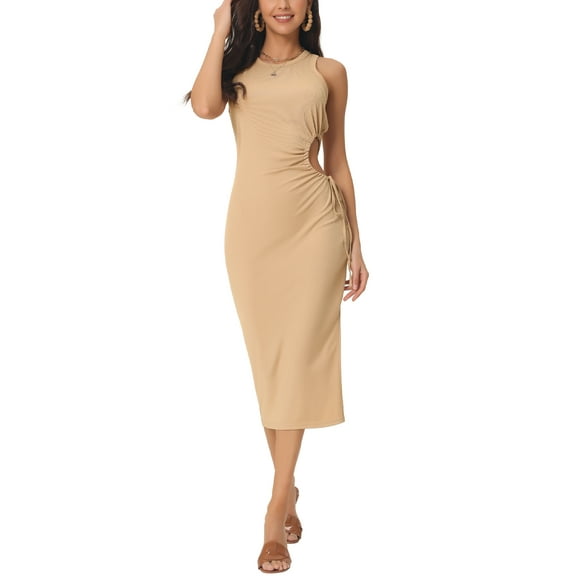 INSPIRE CHIC Women's Summer Sleeveless Midi Dress Crewneck Waist Cut Out Split Slit Tank Dress Ribbed Bodycon Dress XL Khaki