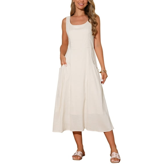 INSPIRE CHIC Women's Linen Dresses Summer Sleeveless Sundress Casual Loose Flowy Midi Tank Beach Dress L Beige
