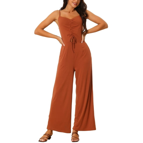 INSPIRE CHIC Women's Summer Spaghetti Straps Ruched Drawstring Wide Leg Casual Jumpsuits S Brick Red