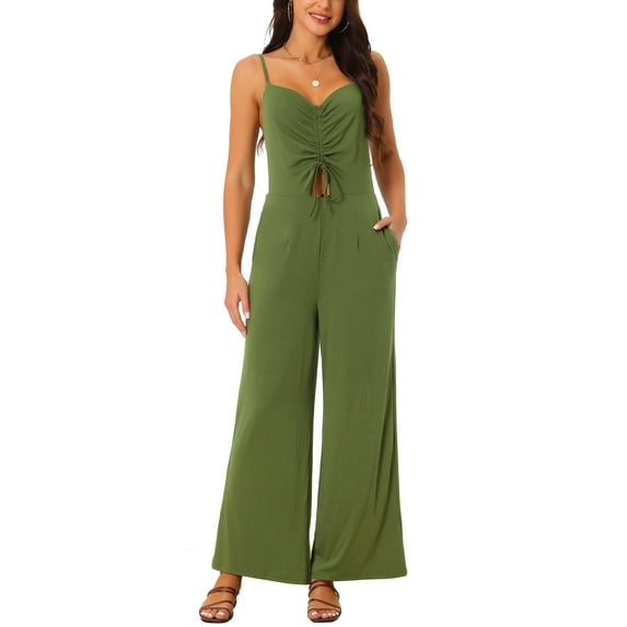 INSPIRE CHIC Women's Summer Spaghetti Straps Ruched Drawstring Wide Leg Casual Jumpsuits S Army Green