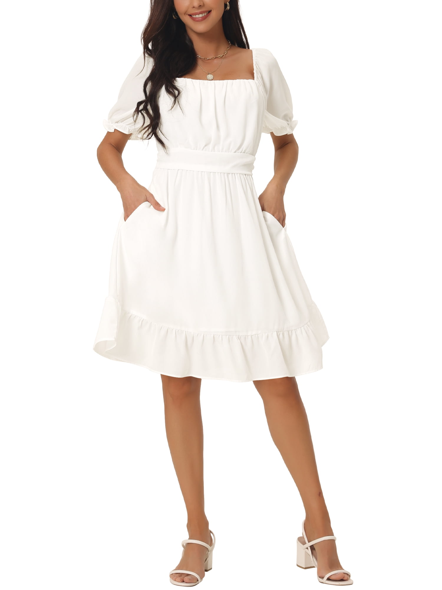 Dress for Women – Cotton – Fit and Flare – Square Neckline – Puff Sleeves – Ruffle Hem