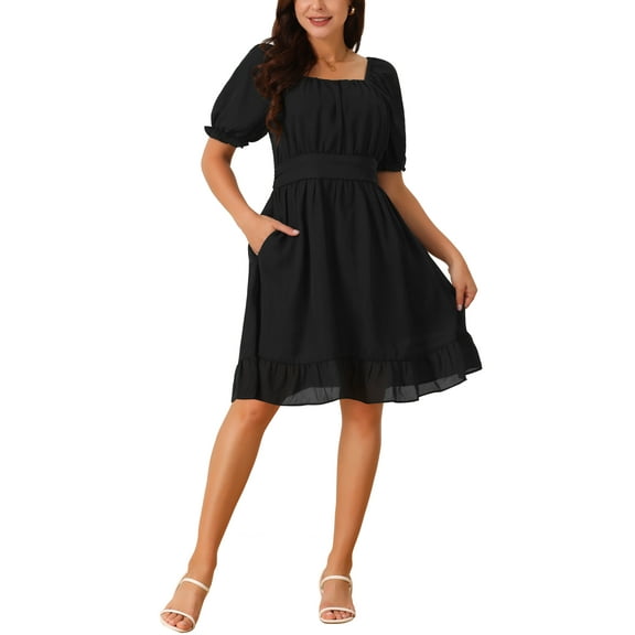 INSPIRE CHIC Women's Summer Square Neck Puff Short Sleeve Smocked Back Ruffle A-Line Casual Dress M Black