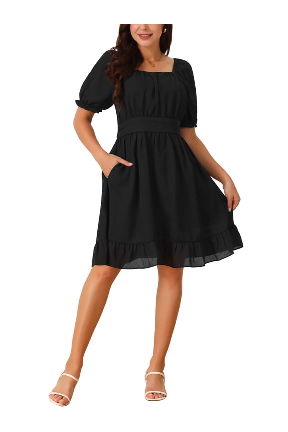 Women's Summer Square Neck Puff Short Sleeve Smocked Back Ruffle A-Line Casual Dress S Black