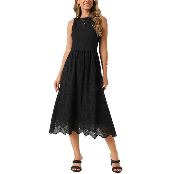 INSPIRE CHIC Women's Summer Tank Dress Sleeveless A Line Midi Dress Cotton Crewneck Casual Holiday Dress XL Black
