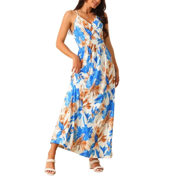INSPIRE CHIC Women's Summer V Neck Boho Sleeveless Maxi Dresses Adjustable Spaghetti Strap Dress Floral Sundress Blue White M