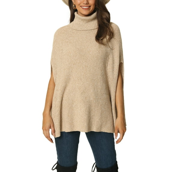 INSPIRE CHIC Women's Turtleneck Fashion Chunky Knit Cape Sweater XL Khaki
