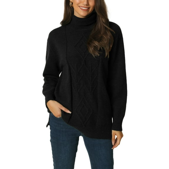 INSPIRE CHIC Women's Turtleneck Long Sleeve Spilt Hem Tunic Pullover Sweater S Black