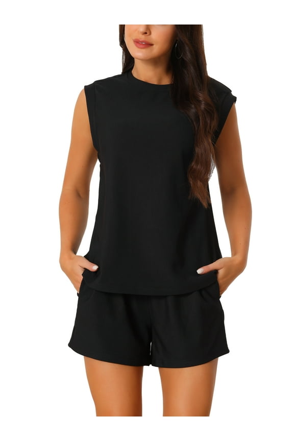 Women's 2 Piece Outfits Knit Set Stretchy Ribbed Sleeveless Tank Top and Shorts Tracksuit Lounge Sets M Black