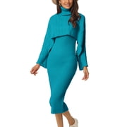 INSPIRE CHIC Womens Two Piece Outfits Knitted Long Sleeve Turtleneck Sweaters Tank Bodycon Midi Dress Set S Blue