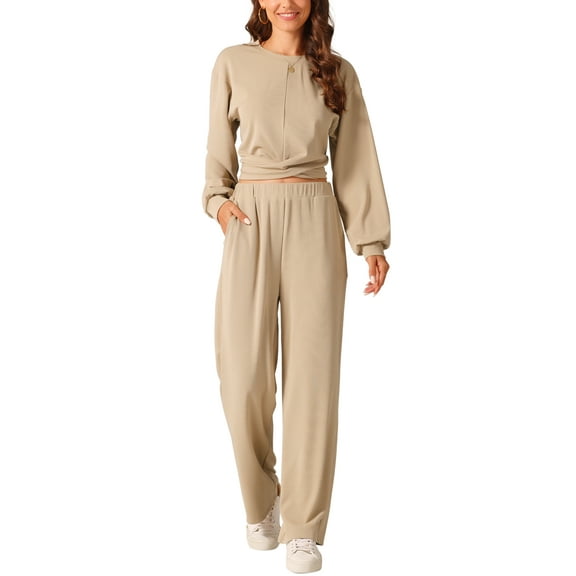 INSPIRE CHIC Women's Two Piece Outfits Sweatsuit Set Front Cropped Sweatshirt Wide Leg Sweatpant Tracksuit Lounge Sets