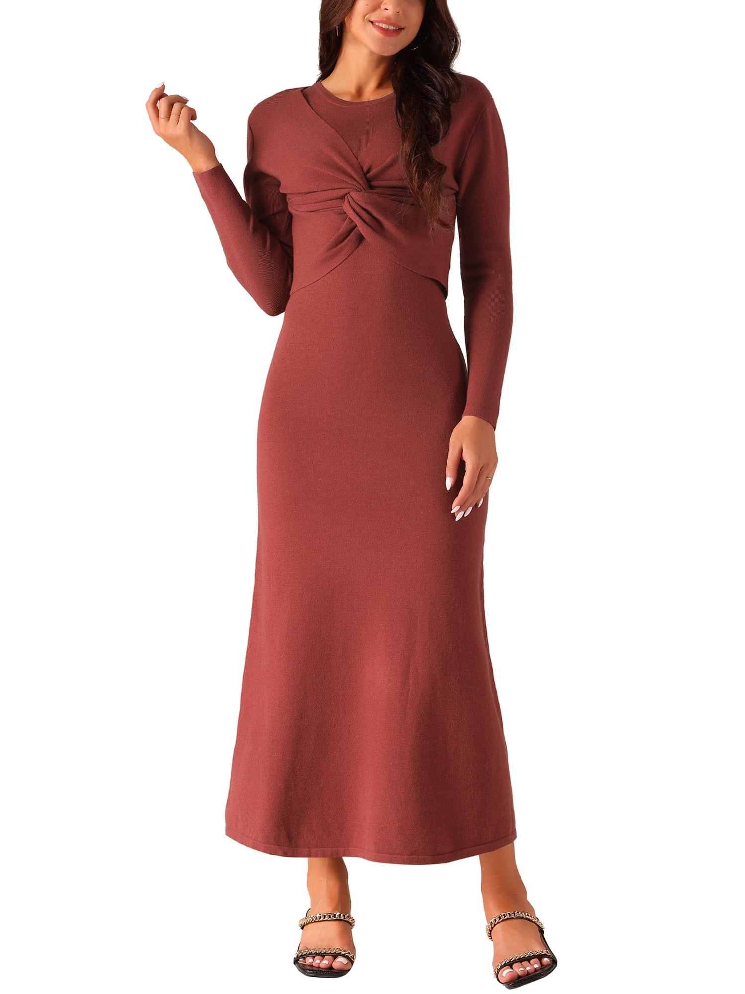 Inspire Chic Women's Two Pieces Tank Dress Set Long Sleeve Twist Front Sweater A-Line Dress S Wine Red, Size: Small Inspire Chic Women's Two Pieces Tank Dress Set Long Sleeve Twist Front Sweater A-Line Dress S Wine Red, Size: Small