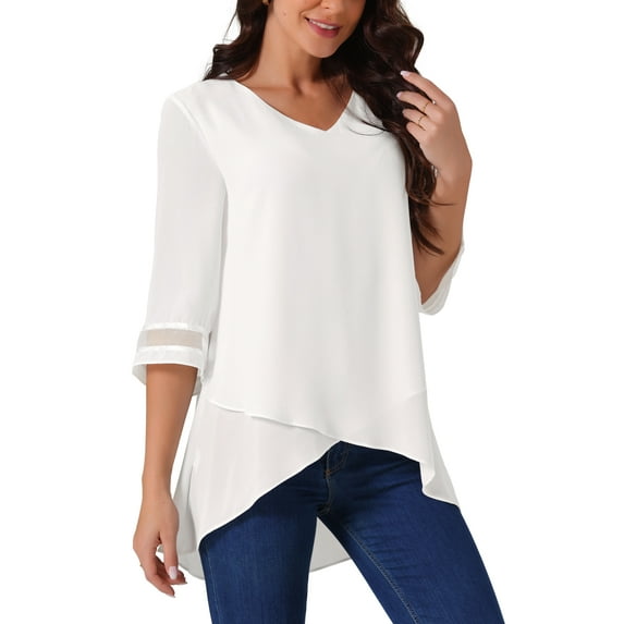 INSPIRE CHIC Women's V Neck 3/4 Bell Sleeve Mesh Panel Blouse High Low Tops Asymmetrical Irregular Hem Casual Blouse M White