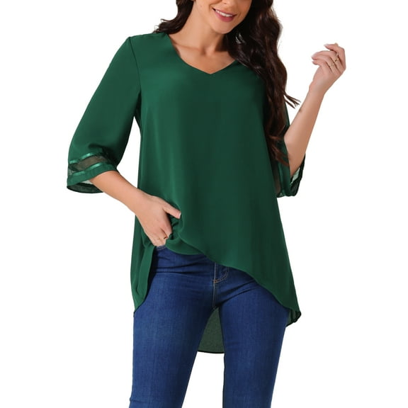 INSPIRE CHIC Women's V Neck 3/4 Bell Sleeve Mesh Panel Blouse High Low Tops Asymmetrical Irregular Hem Casual Blouse