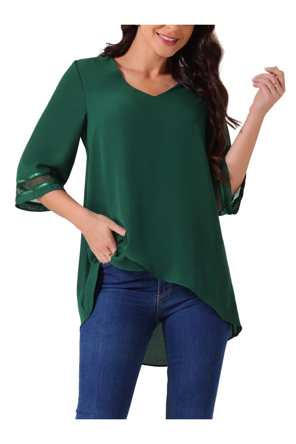 Women's V Neck 3/4 Bell Sleeve Mesh Panel Blouse High Low Tops Asymmetrical Irregular Hem Casual Blouse M Green