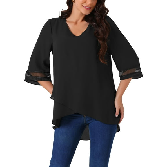 INSPIRE CHIC Women's V Neck 3/4 Bell Sleeve Mesh Panel Blouse High Low Tops Asymmetrical Irregular Hem Casual Blouse