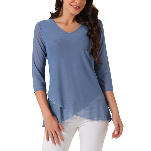 INSPIRE CHIC Women's V Neck 3/4 Sleeve Asymmetrical Hem Lightweight Casual Tops