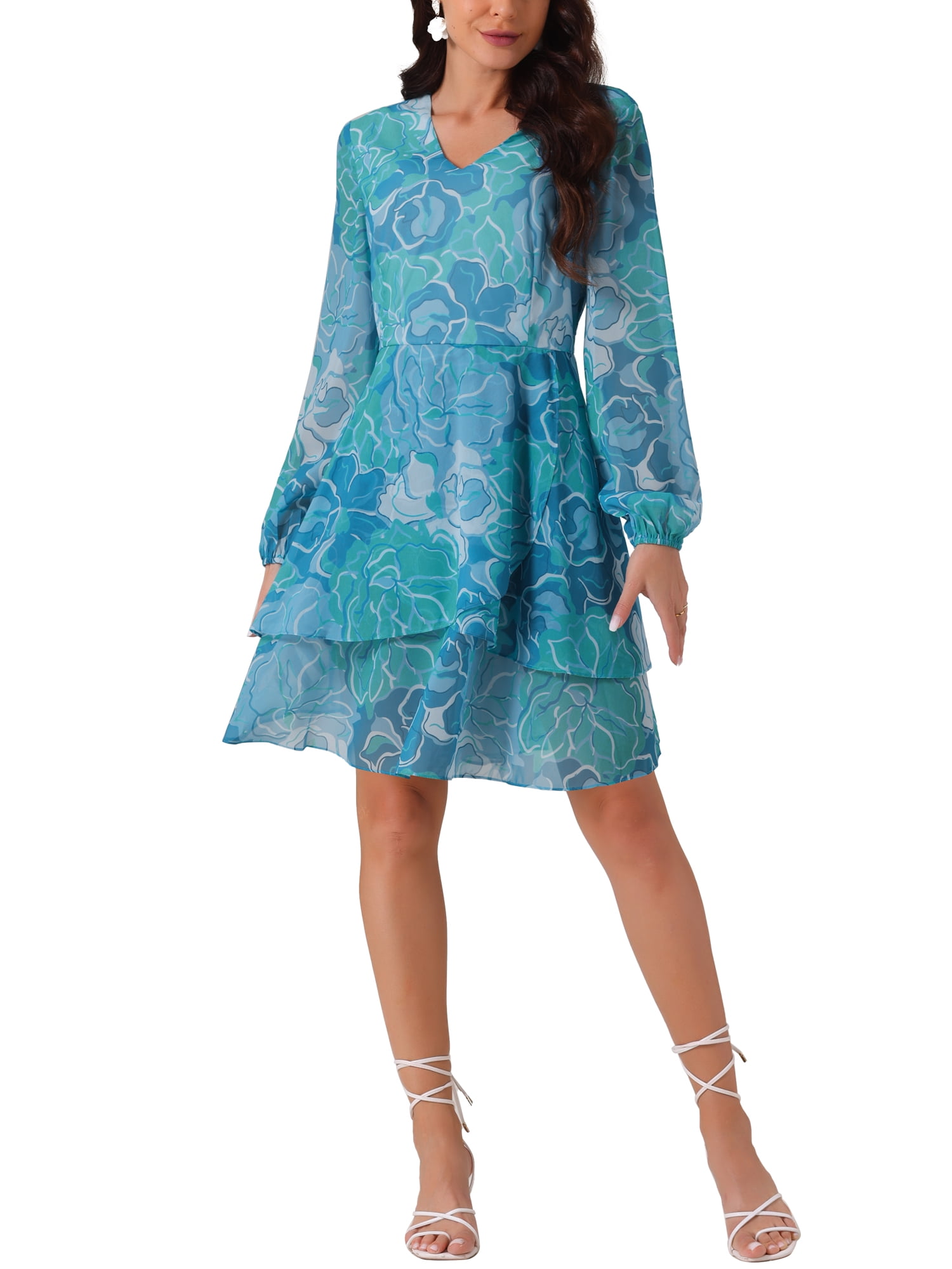 INSPIRE CHIC Women's V Neck Floral Dress Long Sleeve High Waist Ruffle  Swing Skater Chiffon Mini Dress - Walmart.com
