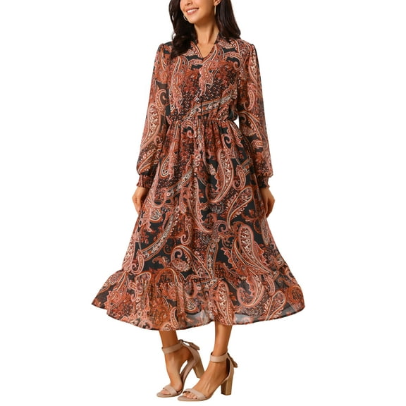 INSPIRE CHIC Women's Boho Dresses V Neck Long Sleeve Smocked Cuff A-Line Floral Tiered Flowy Fall Midi Dresses M Black