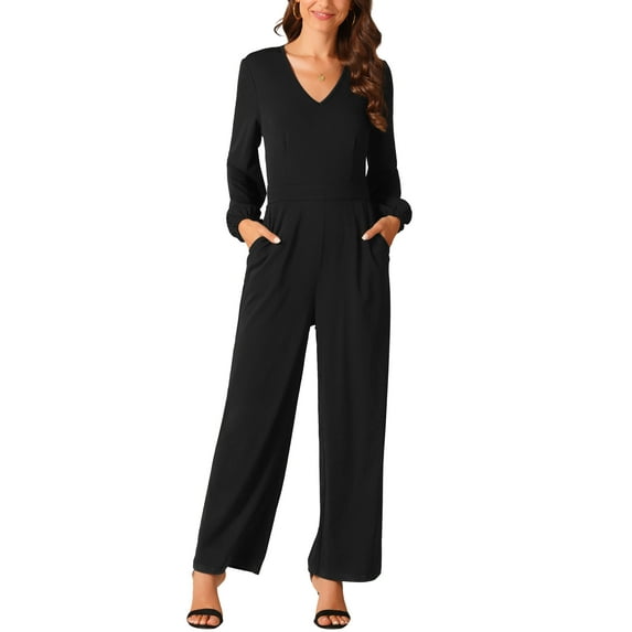 INSPIRE CHIC Women's V Neck Long Sleeve High Waist Wide Leg Casual Jumpsuits with Pockets S Black