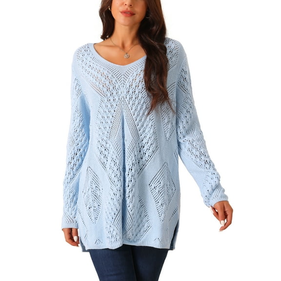 INSPIRE CHIC Women's V Neck Long Sleeve Hollow Cable Knit Loose Casual Pullover Sweaters