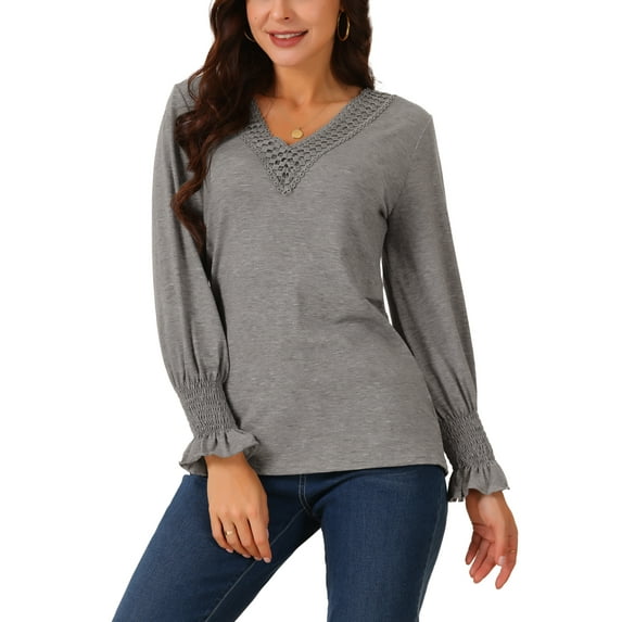 INSPIRE CHIC Women's V Neck Long Sleeve Smocked Cuff Simple Casual Tops Fall Winter Fashion T Shirt