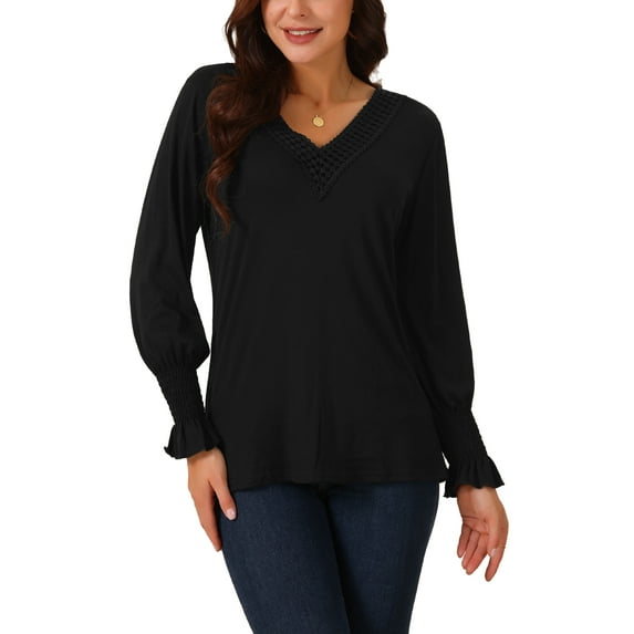 INSPIRE CHIC Women's V Neck Long Sleeve Smocked Cuff Simple Casual Tops Fall Winter Fashion T Shirt