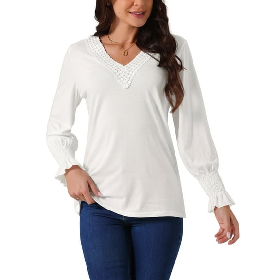INSPIRE CHIC Women's V Neck Long Sleeve Smocked Cuff Simple Casual Tops Fall Winter Fashion T Shirt