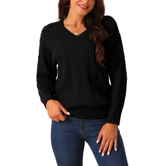INSPIRE CHIC Women's V Neck Long Sleeve Sweater Casual Loose Chunky Warm Pullover Sweater Top