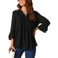 thumbnail image 1 of INSPIRE CHIC Women's V Neck Solid Pintuck Top Double Ruffle 3/4 Sleeve Lightweight Casual Tops, 1 of 4