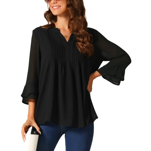INSPIRE CHIC Women's V Neck Solid Pintuck Top Double Ruffle 3/4 Sleeve Lightweight Casual Tops