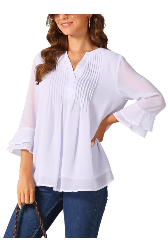 Women's V Neck Solid Pintuck Top Double Ruffle 3/4 Sleeve Lightweight Casual Tops