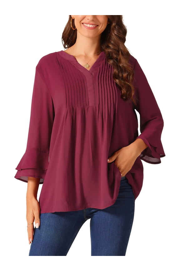 Women's V Neck Solid Pintuck Top Double Ruffle 3/4 Sleeve Lightweight Casual Tops