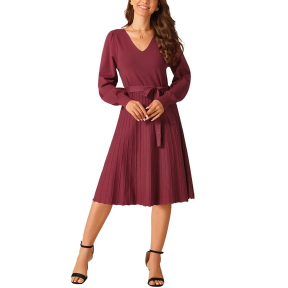 INSPIRE CHIC Women's V Neck Tie Waist Dress Casual Long Sleeve Pleated Knit A-Line Sweater Dress