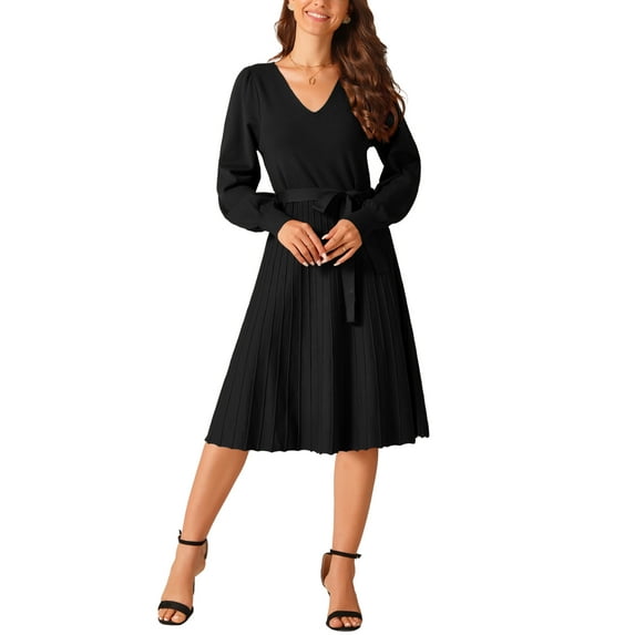 INSPIRE CHIC Women's V Neck Tie Waist Dress Casual Long Sleeve Pleated Knit A-Line Sweater Dress