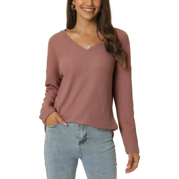 INSPIRE CHIC Women's V Neck Waffle Knit Long Sleeve Loose Casual Lightweight Pullover S Brick Red