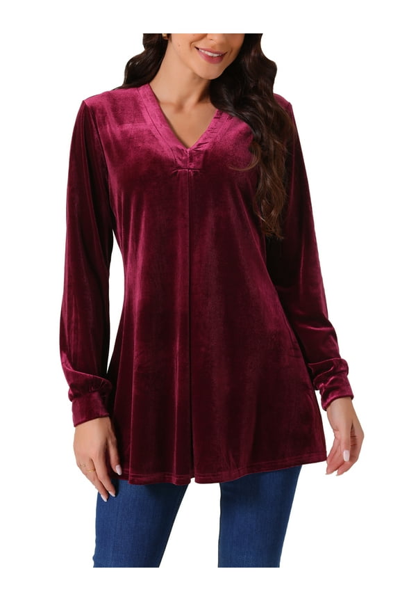 Women's Velvet Top V Neck Long Sleeve Casual Loose Fit Blouse T-Shirt L Wine Red