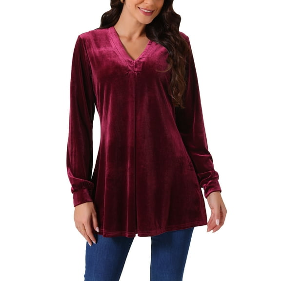 Women's Velvet Top V Neck Long Sleeves Solid Casual Tunic Blouse Loose T-Shirt XL Wine Red
