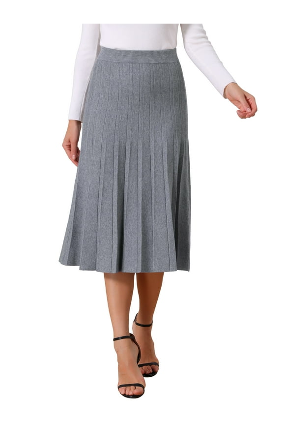 Women's Pleated Skirts High Waist Stretchy A Line Ribbed Knit Sweater Midi Skirt Fall Winter Outfits S Light Grey