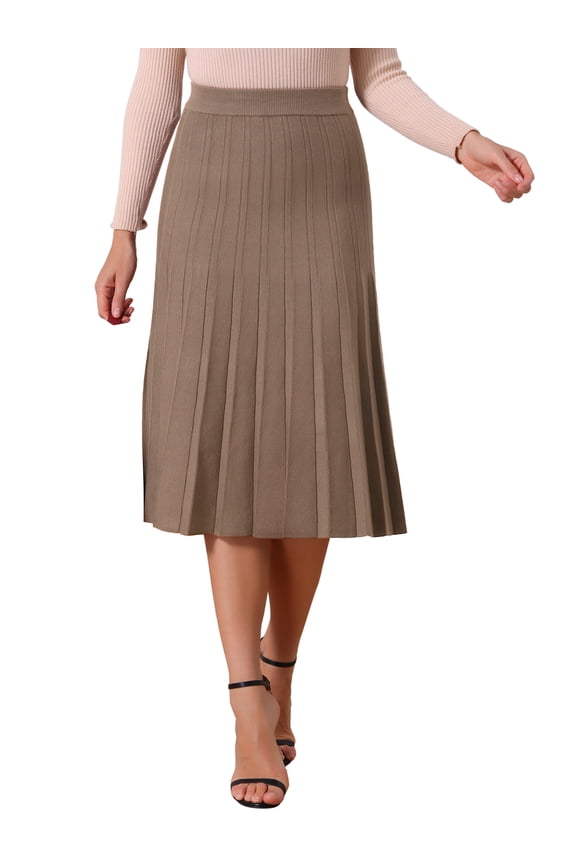 Women's Pleated Skirts High Waist Stretchy A Line Ribbed Knit Sweater Midi Skirt Fall Winter Outfits XL Brown