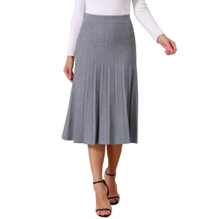 INSPIRE CHIC Women's Pleated Sweater Skirt High Waist Ribbed Knit A-Line Midi Skirt Light Grey XL