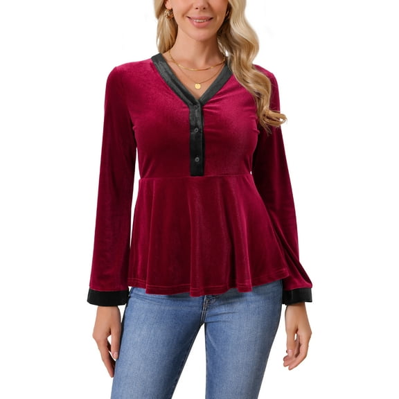 INSPIRE CHIC Women's Winter Velvet Tops Long Sleeve V Neck Slim Fit Elegant Peplum Top Casual Blouse L Burgundy