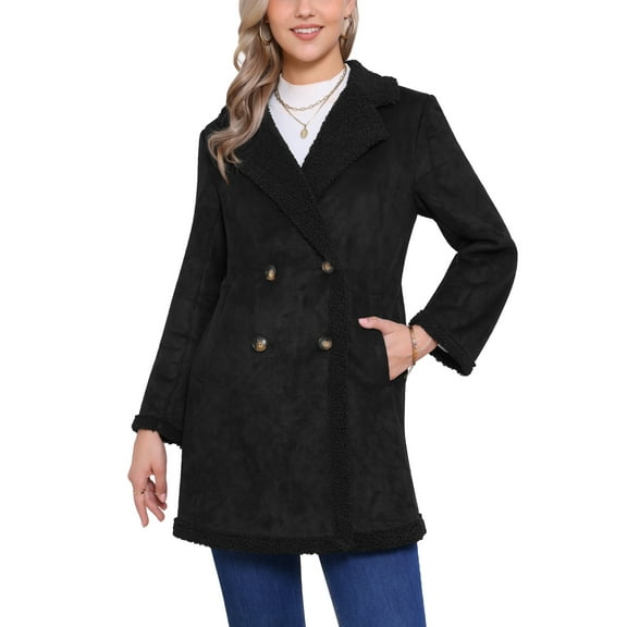 INSPIRE CHIC Women's Winter Warm Lined Suede Parka Coat Double Breasted Long Sleeve Turn Down Collar L Black