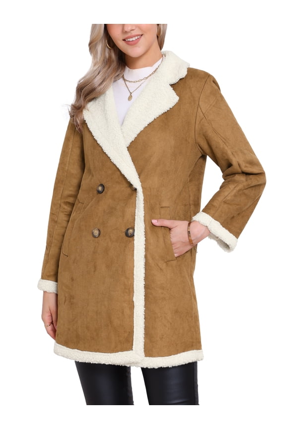 Women's Winter Warm Lined Suede Parka Coat Double Breasted Long Sleeve Turn Down Collar L Brown