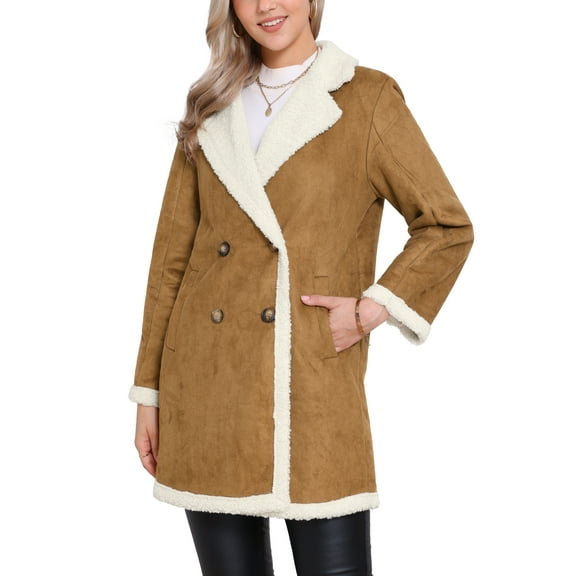 INSPIRE CHIC Women's Winter Warm Lined Suede Parka Coat Double Breasted Long Sleeve Turn Down Collar M Brown