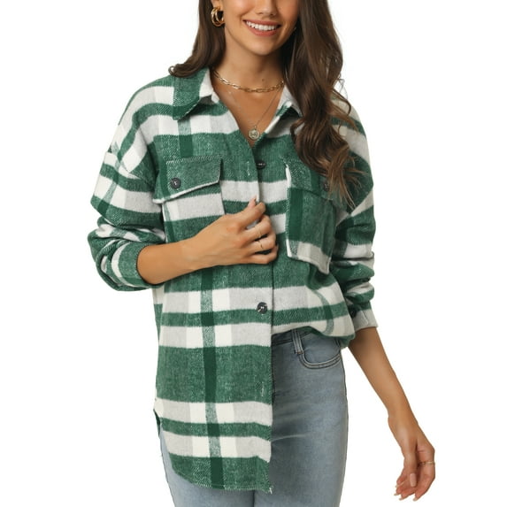 INSPIRE CHIC Womens' Fall Winter Button Front Closure Long Sleeve Plaid Jacket with Pockets L Green