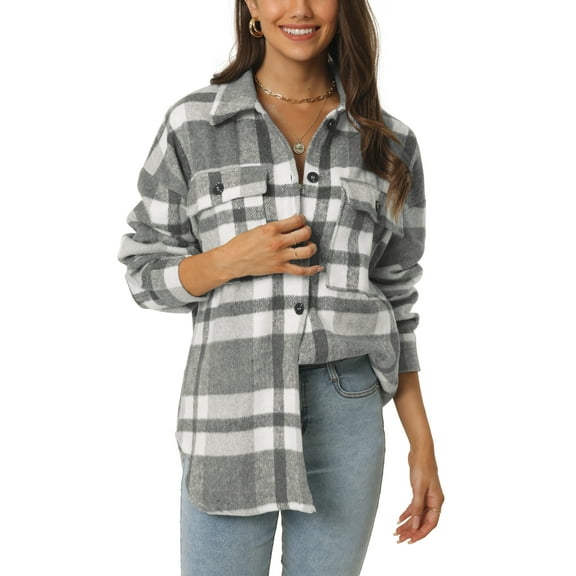 INSPIRE CHIC Womens' Fall Winter Button Front Closure Long Sleeve Plaid Jacket with Pockets M Black
