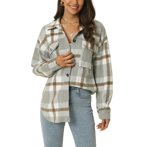 INSPIRE CHIC Womens' Fall Winter Button Front Closure Long Sleeve Plaid Jacket with Pockets L Grey
