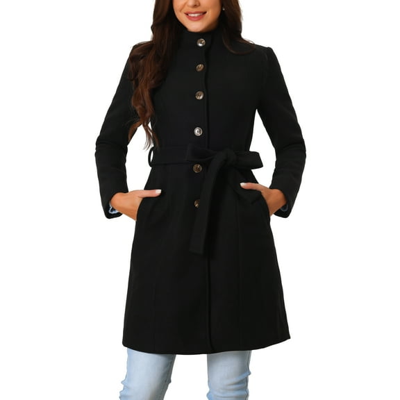 INSPIRE CHIC Womens' Fall Winter Button Front Closure Mock Neck Woolen Coat with Pockets Black XL