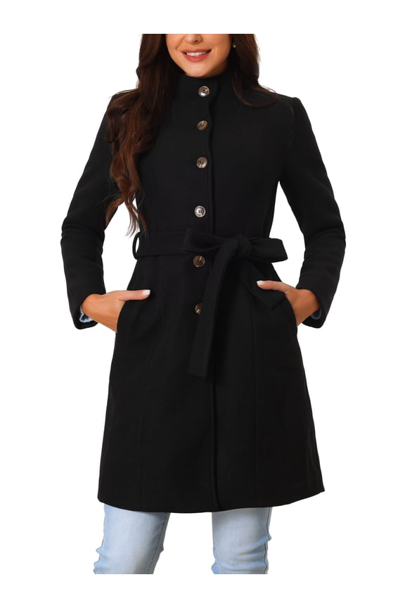 Womens' Fall Winter Button Front Closure Mock Neck Woolen Coat with Pockets Black L